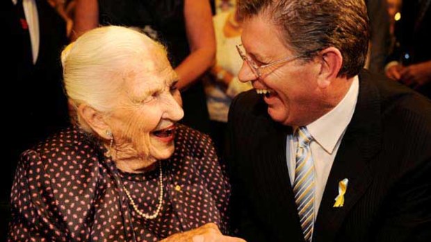 Premier Ted Baillieu shares a laugh with Dame Elisabeth Murdoch on her 102nd birthday.