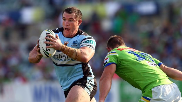 Paul Gallen on the charge during the Sharks tie with the Raiders in April this year.