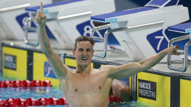 Career highight: Cameron McEvoy celebrates his 100m freestyle at the Pan Pacs on the Gold Coast last year.