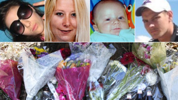 Caught in the chase ... clockwise from top left, Skye Webb is in an induced coma; Sam Ford and her four-month-old son Brody died in the accident; Justin Williams, a serial car thief who was on bail, died in hospital.