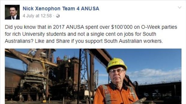 Adelaide senator Nick Xenophon has warned ANU students to take down a Facebook page using his likeness and pretending to fight for South Australian jobs.