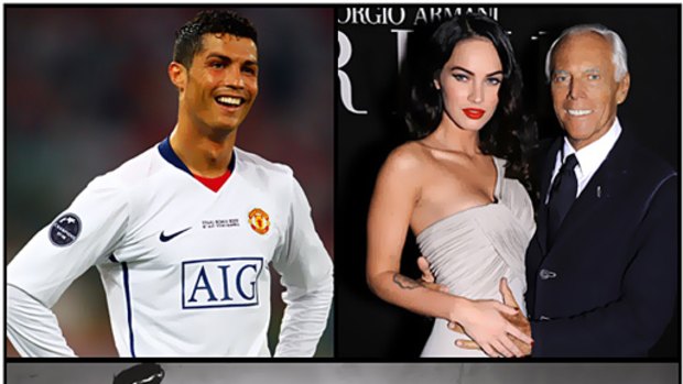 The new faces of Armani Underwear ... Cristiano Ronaldo, Megan Fox and Giorgio Armani. Below: Victoria and David Beckham pose for Armani Underwear.