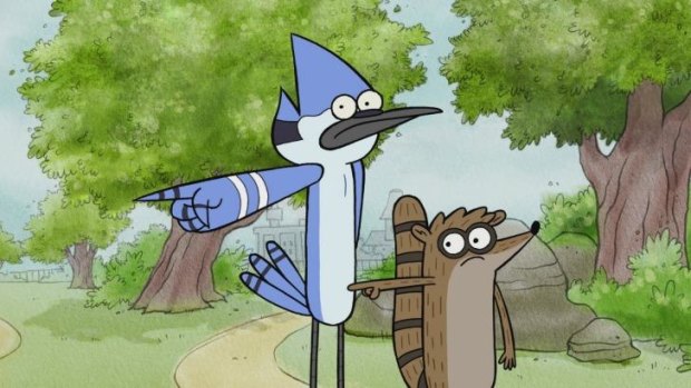 Mordecai the blue jay and his friend racoon from <i>Regular Show.</i>