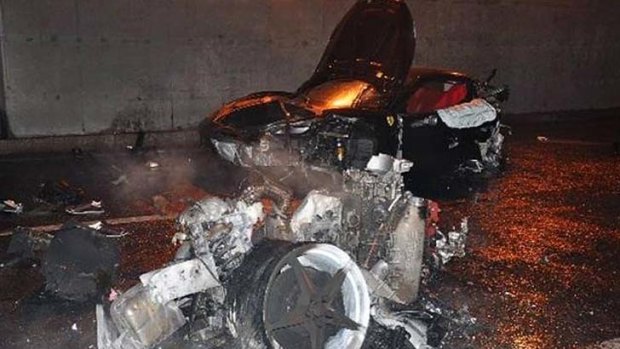The wreckage of a Ferrari which exploded into flames after a crash in Beijing that allegedly killed Ling Jihua, the son of Hu Jintao's political fixer, and two semi-naked women.