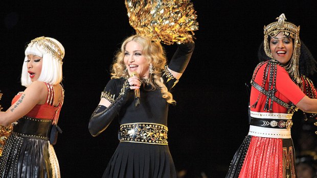 Madonna performs with Nicki Minaj (left) and M.I.A. (right) during the Super Bowl half-time show.