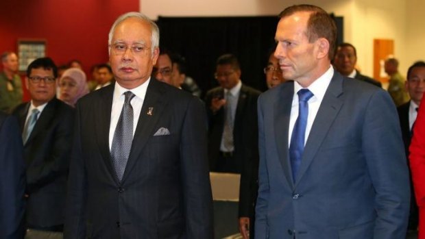 Malaysian Prime Minister Najib Razak and Australian Prime Minister Tony Abbott at the RAAF base in Perth on Thursday.