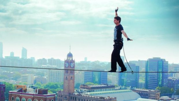 Danger zone: Todd Sampson crosses a high-wire in Sydney's CBD for <i>Redesign My Brain.</i>