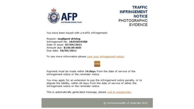 An email scam that appears to be an AFP traffic infringement notice.