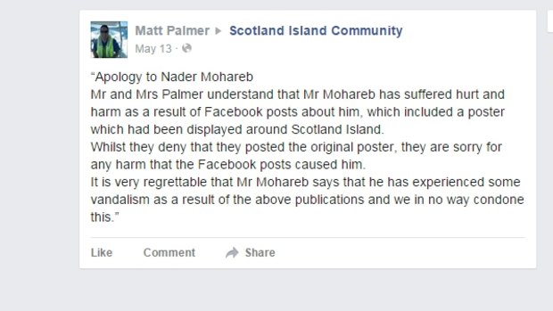 A screenshot of Matt Palmer's apology on the Scotland Island Community Facebook page.