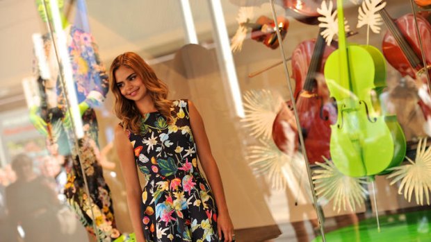 Samantha Harris helps launch the  Melbourne Fashion Festival cultural program at David Jones yesterday.