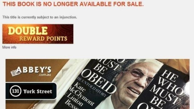 A screenshot of the Abbey's Bookstore website after He Who Must Be Obeid was removed from sale.