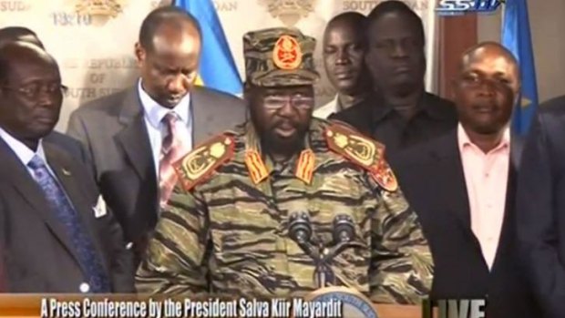 Front foot: An image grab taken from South Sudan television shows President Salva Kiir addressing the nation in Juba to denounce an attempted coup.