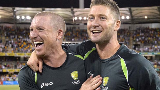 Serial game-changer: Brad Haddin (left, with captain Michael Clarke) says James Faulkner has made it a habit to steal matches from impossible situations.