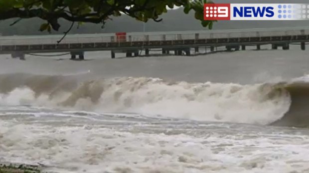 Strong winds were whipping up swells off Townsville on Wednesday ahead of the tropical storm. Photo: Nine News.