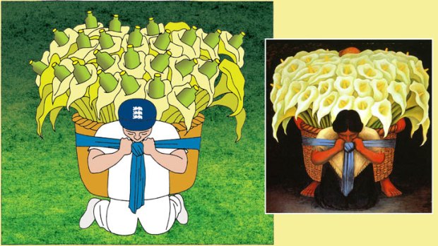 The English 12th man bears a striking resemblance to Diego Rivera's <em>Flower Seller</em>.