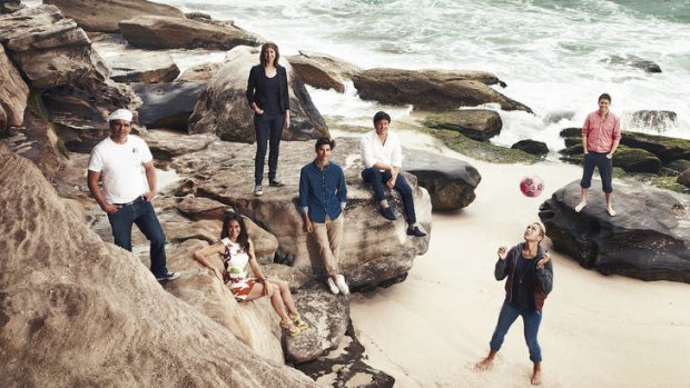 From left: Pierre Issa, Jodie Fox, Penny Fuller, Henry Wilson, Cameron Votan, Kyah Simon, Adam Jacobs. Photographed at Tamarama.