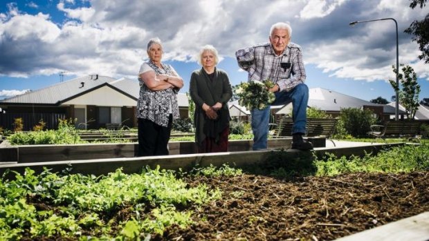 Judith Young, Heather MacKell, and Ian Barlow in the vege garden of their retirement village in Rivett.