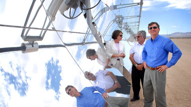 Sun day: Queensland Premier Anna Bligh and John Brumby (right) tour Nevada Solar One's facility yesterday with the company's vice-president of operations, Gilbert Cohen. PICTURE: JACOB KEPLER