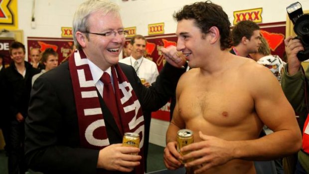 Queenslander: Prime Minister Kevin Rudd congratulates Billy Slater of the Maroons in 2008.