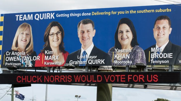 A "Team Quirk" billboard at the corner of Beaudesert and Granard roads in Rocklea.