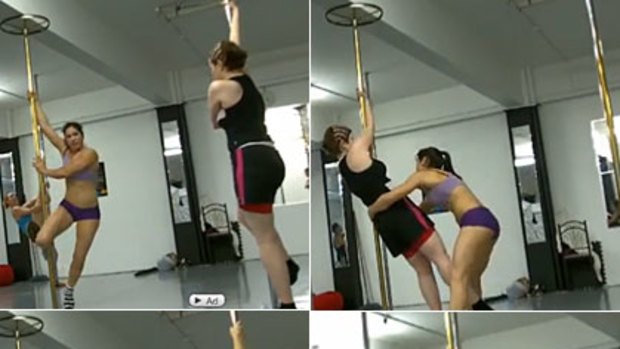 Harder than it looks ... Natalie enjoys some thrills and spills learning to pole dance.