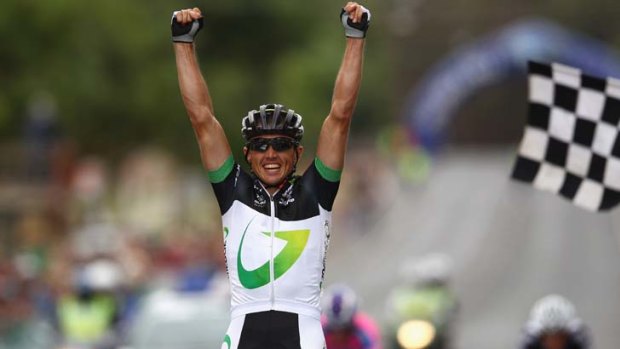 With an edge &#8230; Simon Gerrans celebrates winning the national elite road race championship yesterday in Victoria, confirming the potential he has shown over the years by taking out stages in major events overseas.
