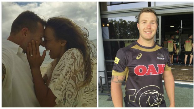 Big changes: Trent Merrin and Sally Fitzgibbons when they announced their engagement and Merrin at Penrith on Tuesday.