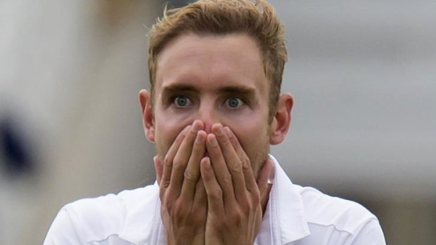 Oh, the humanity ... even England's Stuart Broad appears to be horrified by Australia's batting display. 
