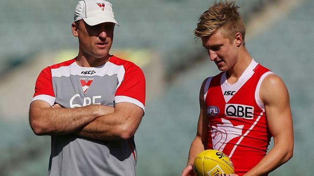 Enemy country: Swans coach John Longmire at training at Patersons Stadium with Shane Biggs.
