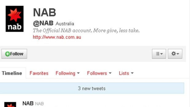A screengrab from NAB's Twitter page (http://twitter.com/#!/NAB), with apology after apology to angry customers who've vented their anger on the social networking site.