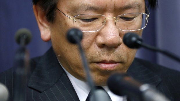 Mitsubishi president Tetsuro Aikawa at a news conference last month. The carmaker has admitted to falsifying its emissions figures for the last 25 years, losing almost half of its market value since.