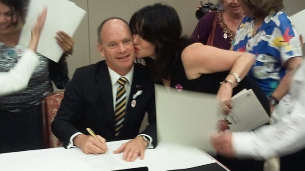 Angela Barra, who was adopted in 1967, thanks Premier Campbell Newman after the apology.