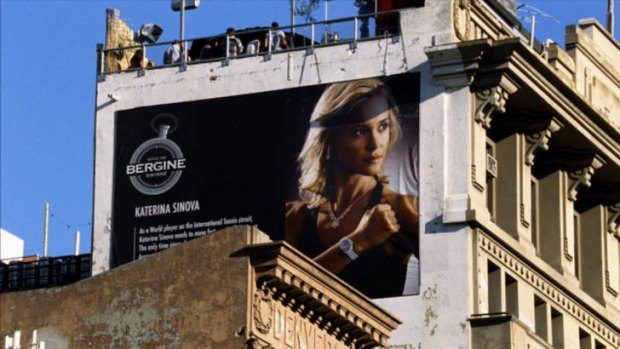 Actor Liliya May as fictitious Russian tennis player Katerina Sinova on the billboard for new Working Dog film <i>Any Questions for Ben?</i>.