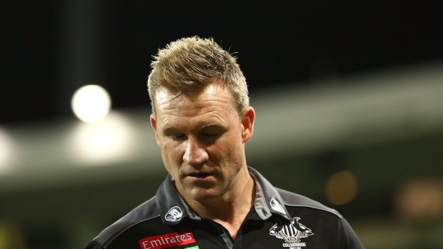 SYDNEY, AUSTRALIA - APRIL 07: Nathan Buckley, coach of the Magpies, looks on during the round three AFL match between the Sydney Swans and the Collingwood Magpies at Sydney Cricket Ground on April 7, 2017 in Sydney, Australia. (Photo by Ryan Pierse/Getty Images)