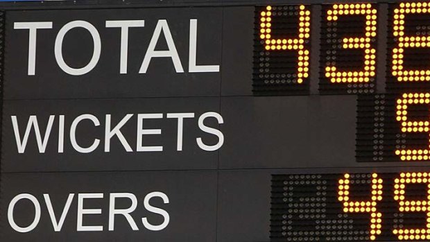 The scoreboard shows South Africa's world record total of 9/438 in the fifth one-day tie against Australia at the Wanderers Stadium on March 12, 2006.
