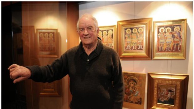Jim Murphy with his Byzantine artworks exhibiting at Box Hill Town Hall.
