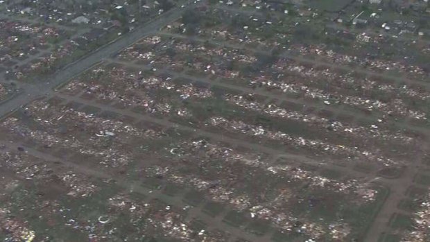 Homes flattened outside Moore, Oklahoma in the wake of an enormous tornado.