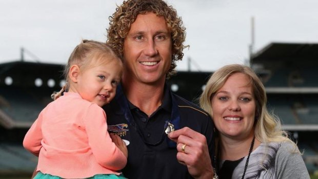Brownlow Medal winner Matt Priddis with daughter Nala and wife Ashleigh at Patersons Stadium on Tuesday.