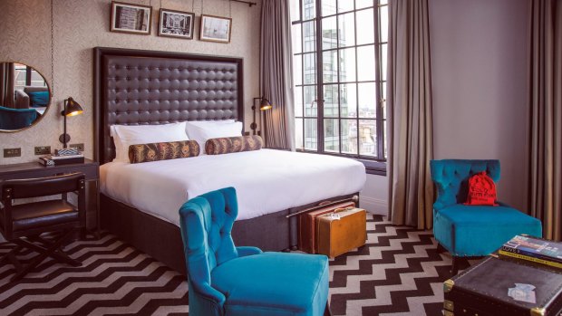 Artfully placed furnishings, money bag included, are a feature of Manchester's Hotel Gotham.