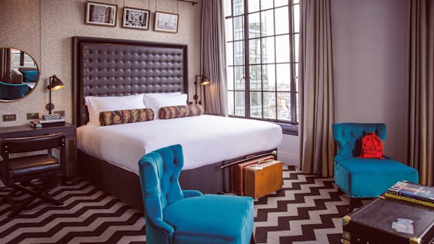 Artfully placed furnishings, money bag included, are a feature of Manchester's Hotel Gotham.