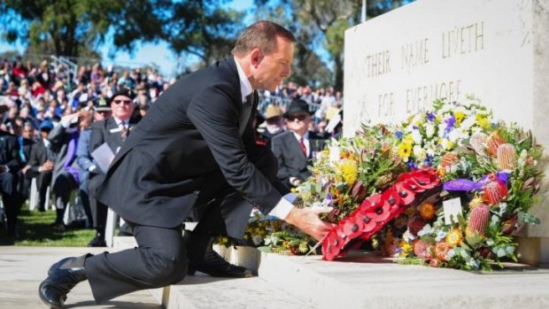 Tony Abbot at the Anzac Day ceremony at the Australian War Memorial, Canberra. 