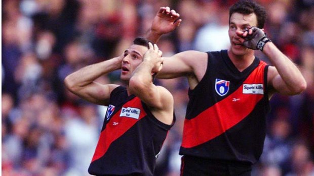 1999 AFL Preliminary Final. Essendon's Mark Mercuri and Steve Alessio after a narrow miss late in the last quarter.