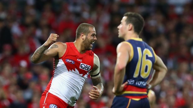 Lance Franklin celebrates one of his goals against the Crows.