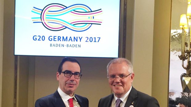 US Treasury Secretary Steven Mnuchin and Treasurer Scott Morrison in Germany during the G20 meeting in Baden-Baden.