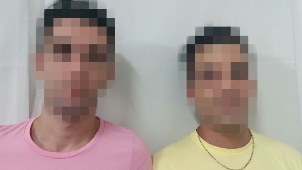 A digitally altered photo of two gay Iranian refugees, Nima and Ashkan, who say they are being persecuted at Nauru, where homosexuality is illegal.