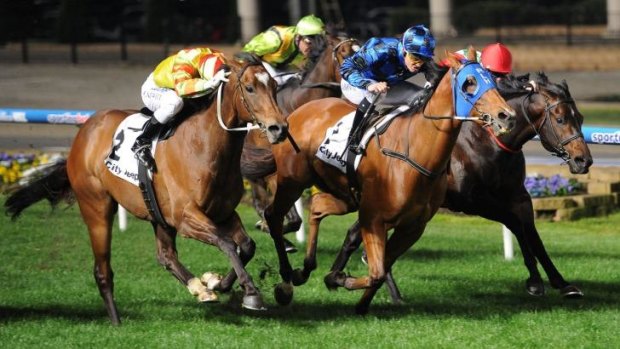 Damian Browne rides Buffering to victory in the group 1 Moir Stakes at Moonee Valley.