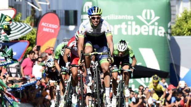 Australian rider Michael Matthews crosses the finish line of the third stage of the La Vuelta first on Monday.