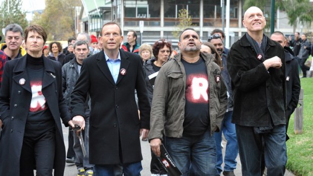 United: Margaret Abbott, Coalition leader Tony Abbott, Michael Long and Schools Minister Peter Garrett on Sunday.