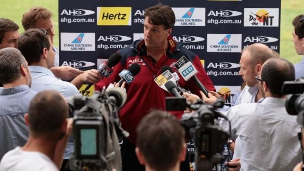 Demons coach Paul Roos speaks to the media on Monday.