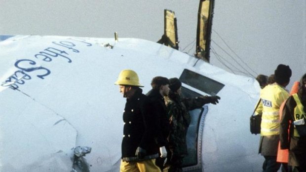 The wreckage of Pan Am Flight 103 in a farmer's field east of Lockerbie, Scotland on December 23, 1988.